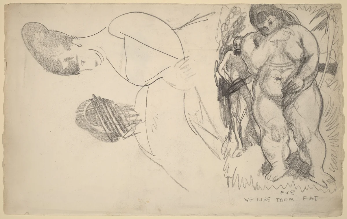 Caricature of Adam and Eve and Two Female Portrait Sketches by George Bellows, drawing, 1882-1925