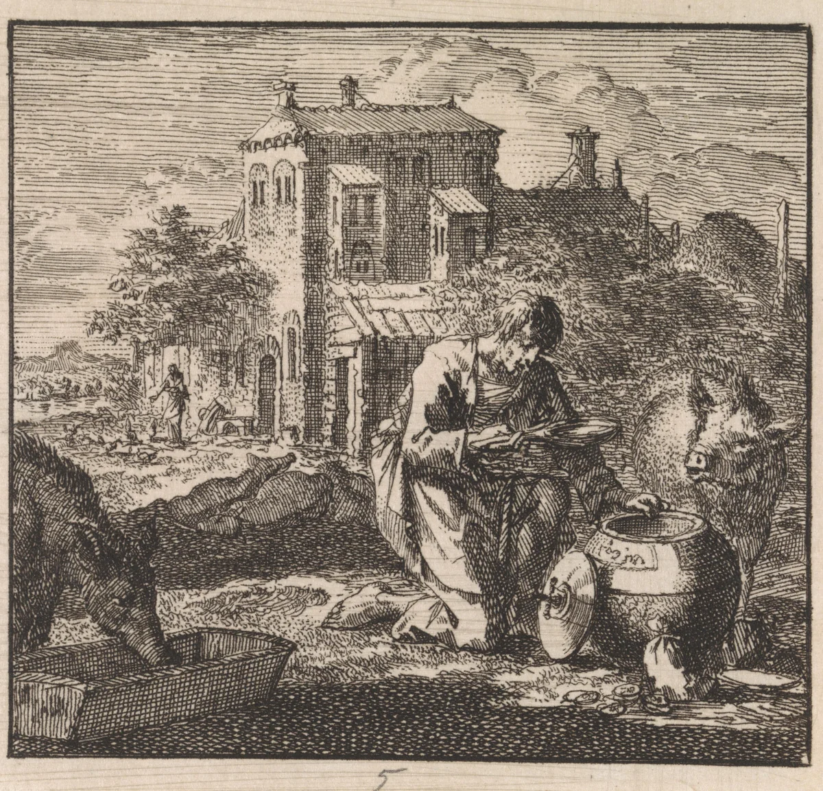 Arme man zit tussen de zwijnen en neemt voedsel uit een vat in de vorm van de wereld by Jan Luyken, print, 1710