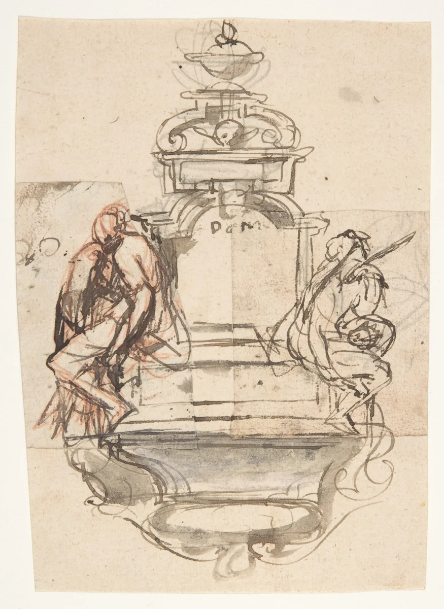 Design for a sepulchral monument with two figures by Pieter Verbruggen, drawing, 1686-1724