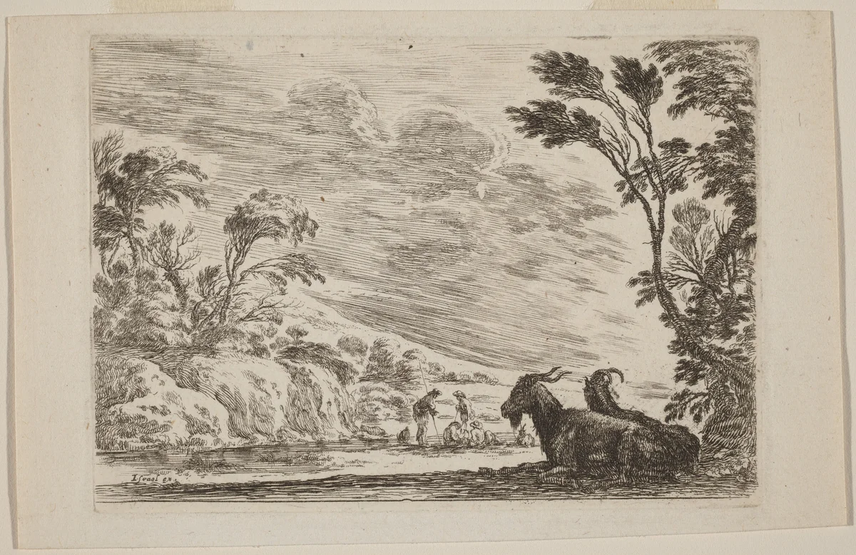 Two Goats Lying Down by Stefano della Bella, print, 1642