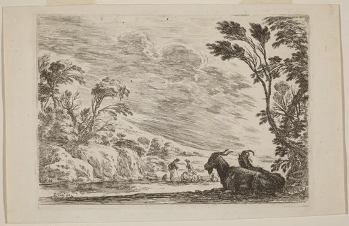 Two Goats Lying Down by Stefano della Bella, print, 1642