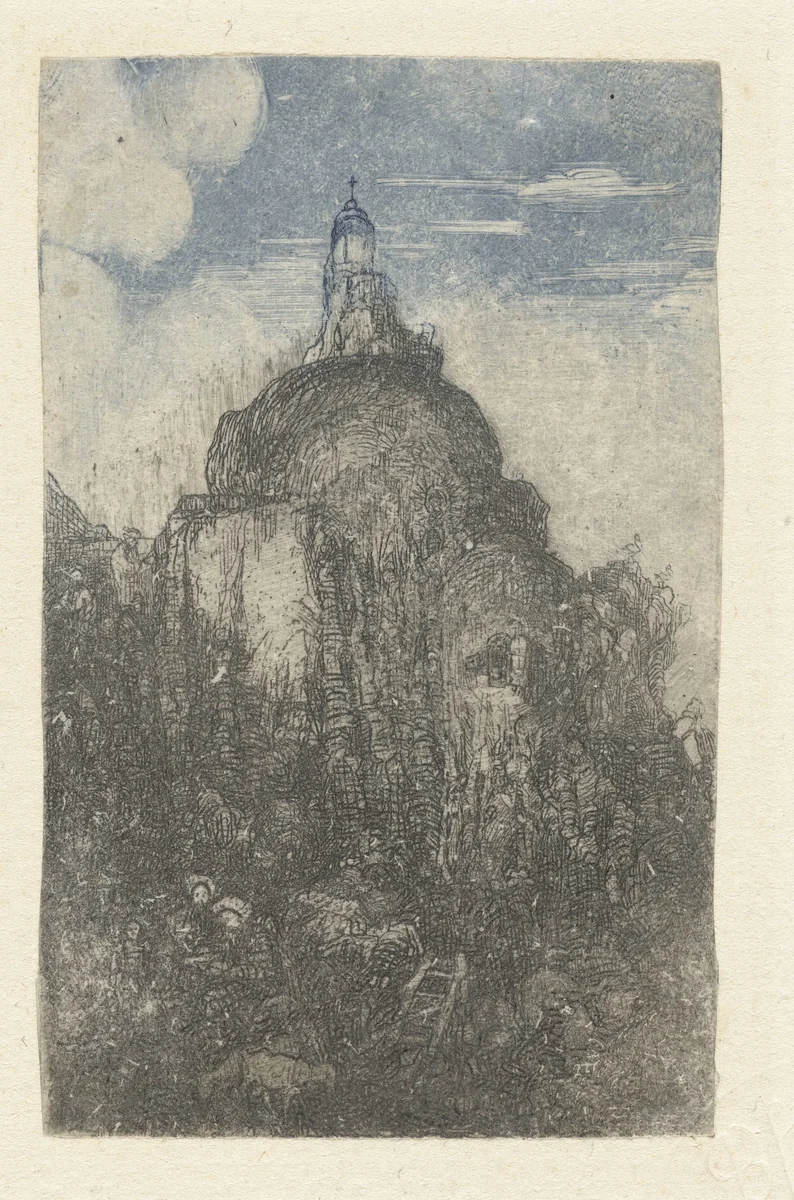 Gebouw op een rots en rustende herders met schapen aan voet van rots by Rodolphe Bresdin, print, 1844-1849