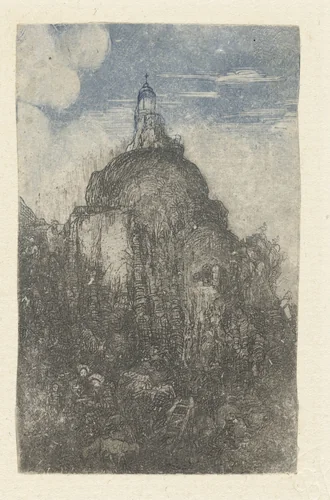 Gebouw op een rots en rustende herders met schapen aan voet van rots by Rodolphe Bresdin, print, 1844-1849