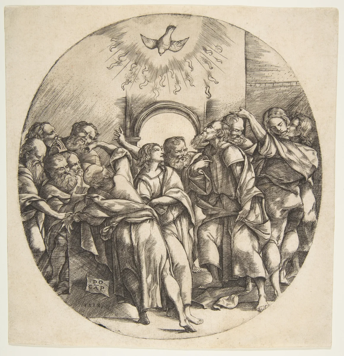 The Holy Spirit as a bird descending with spread wings at top center; the twelve Apostles standing below gesturing to it in front of an archway by Domenico Campagnola, print, 1518