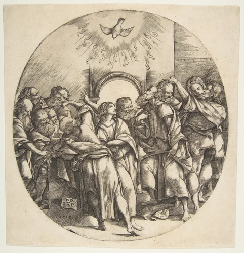 The Holy Spirit as a bird descending with spread wings at top center; the twelve Apostles standing below gesturing to it in front of an archway by Domenico Campagnola, print, 1518