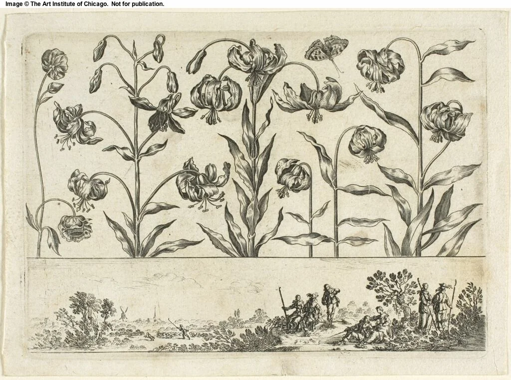 Flowers and Hunting Scene, from Livre Nouveau de Fleurs... by Nicolas Cochin, print, 1645