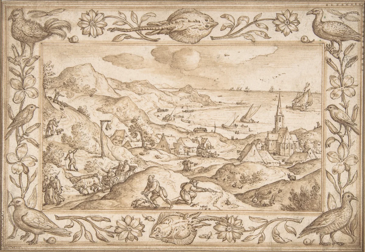 Hilly Coastal Landscape with Hunters, with an elaborate border of Fishes and Birds by Hans Bol, drawing, 1584