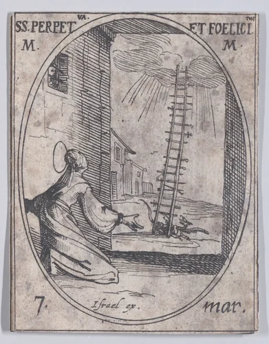 Ste. Perpétue et Ste. Félicité, martyres (St. Perpetua and St. Felicita, Martyrs), March 7th, from "Les Images De Tous Les Saincts et Saintes de L'Année" (Images of All of the Saints and Religious Events of the Year) by Jacques Callot, print, 1636