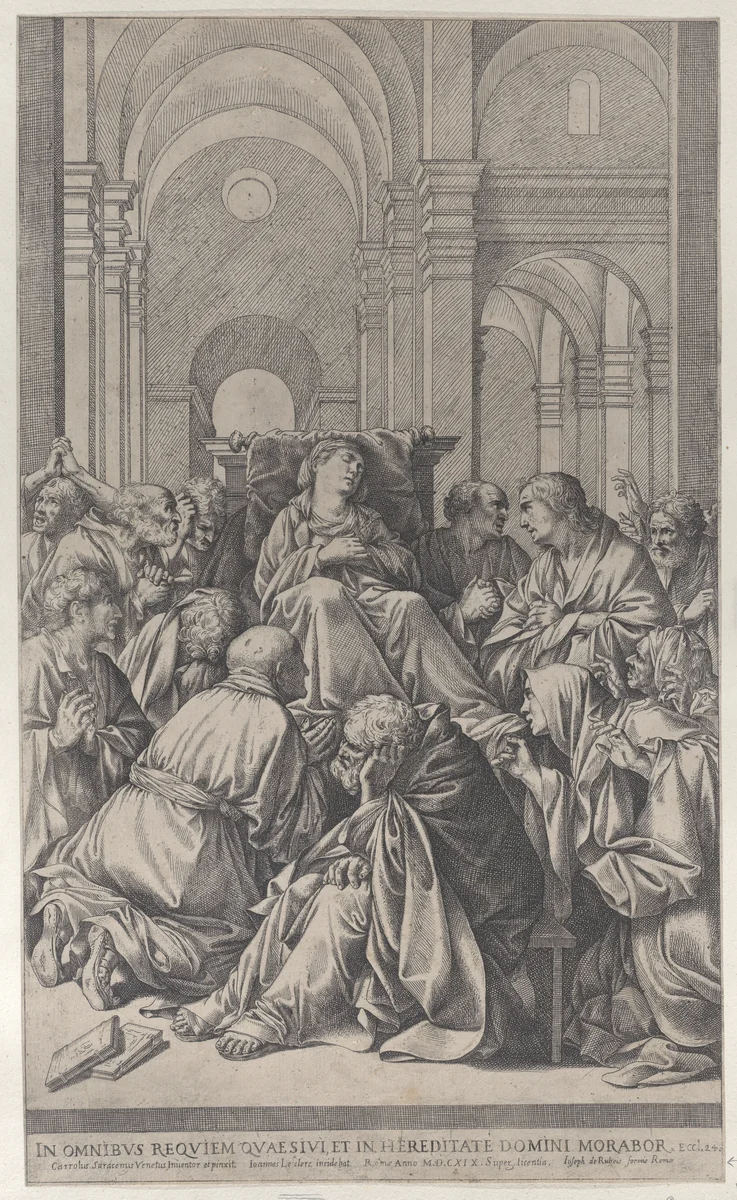 Death of the Virgin, lying on a chair at center, surrounded by Apostles, inside a temple by Jean Le Clerc, print, 1619