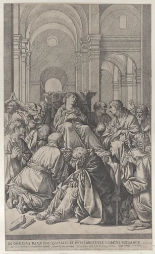 Death of the Virgin, lying on a chair at center, surrounded by Apostles, inside a temple by Jean Le Clerc, print, 1619