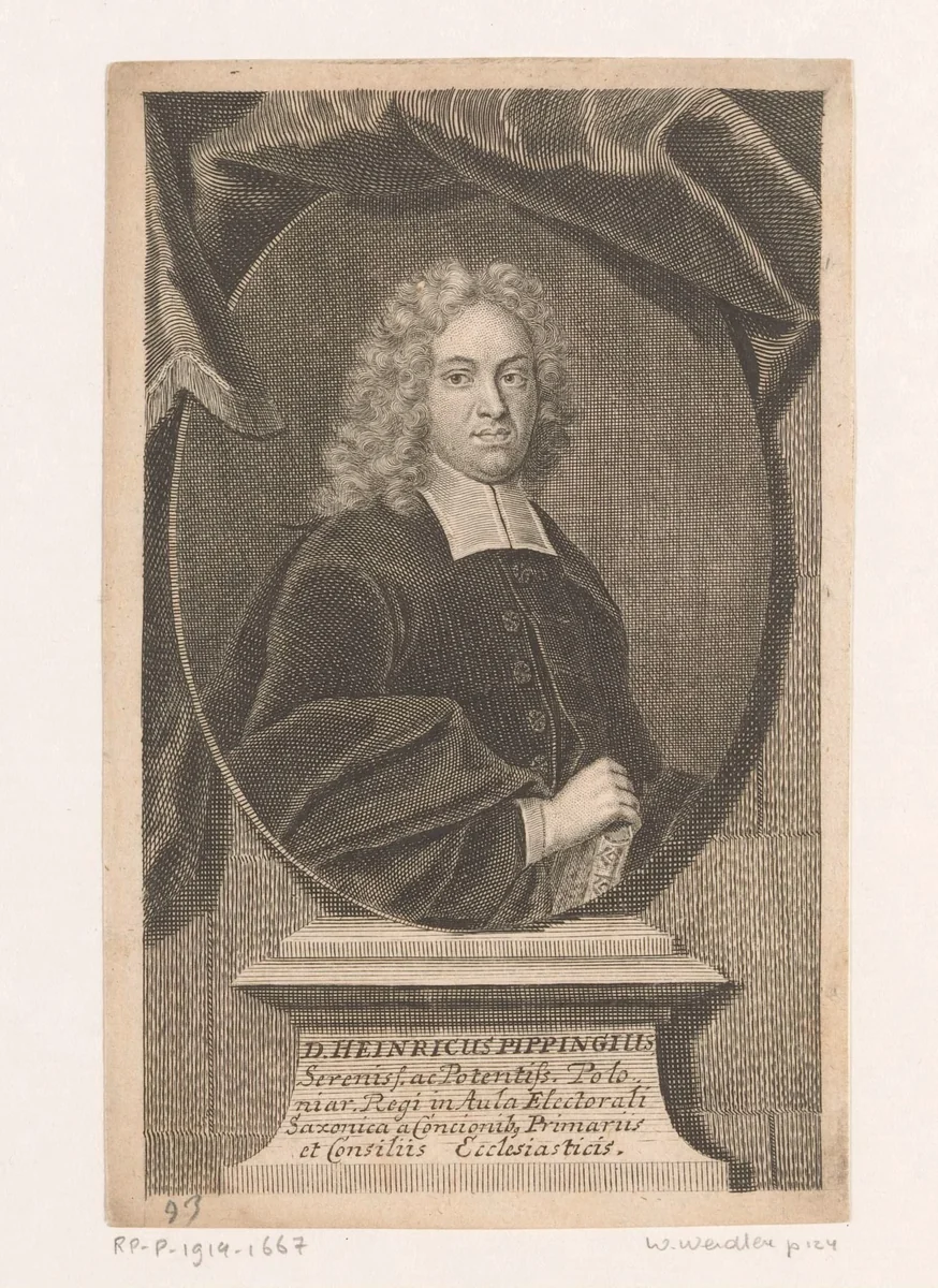Portret van Heinrich Pipping by Martin Bernigeroth, print, 1713
