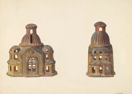 Toy Bank: "Bank Building" by Alf Bruseth, index of american design, 1938