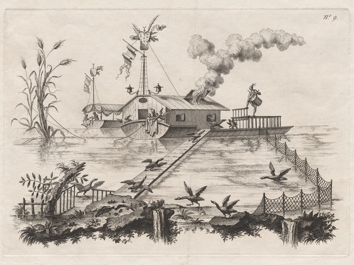 A House on Water, and a New Way to Summon Geese by the Beat of a Drum by Filippo Morghen, print, 1764-1774