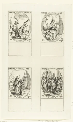 Heilige Candida van Carthago, Heilige Mattheüs, Heilige Iphigeneia van Afrika, Heilige Mauritius van Agaunum en gezellen (20-22 september) by Jacques Callot, print, 1632-1636