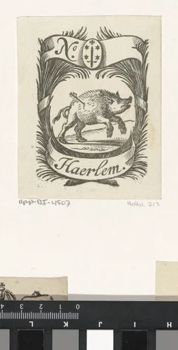 Handelsetiket met een aangeschoten zwijn en het wapen van de stad Haarlem by Isaac Vincentsz. van der Vinne, print, 1681-1740