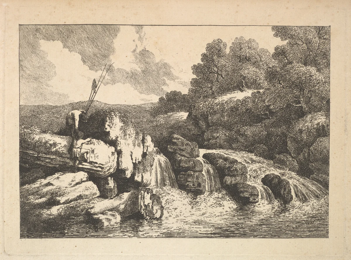 Landscape with Two Fishermen Climbing Rocks Next to a Waterfall by Thomas Rowlandson, print, 1784-1788