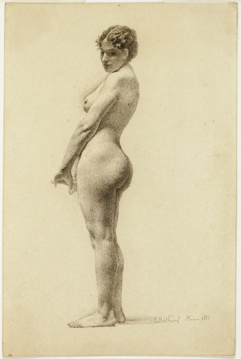 Standing Female Nude by Marie Mathieu, drawing, 1881
