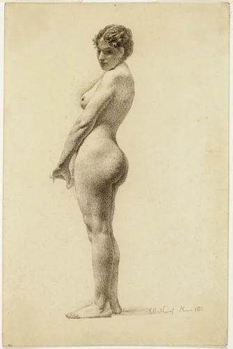 Standing Female Nude by Marie Mathieu, drawing, 1881
