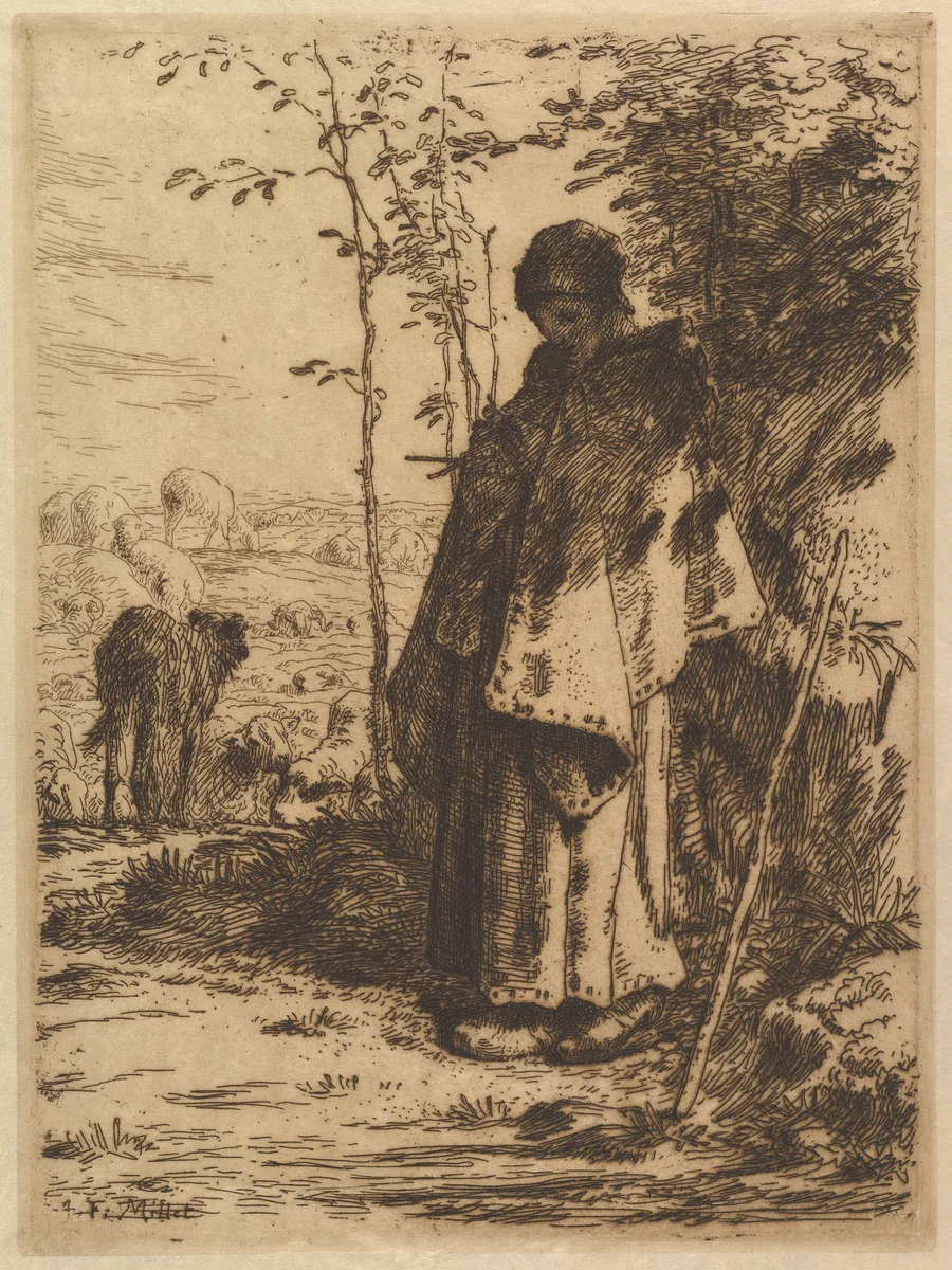 Shepherdess Knitting by Jean-François Millet, print, 1862