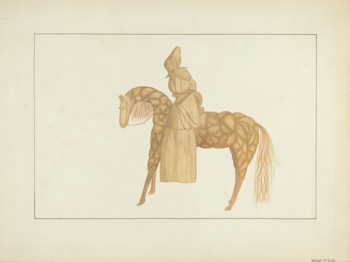 Corn Husk Doll on Horse by Wilbur M Rice, index of american design, 1935-1942