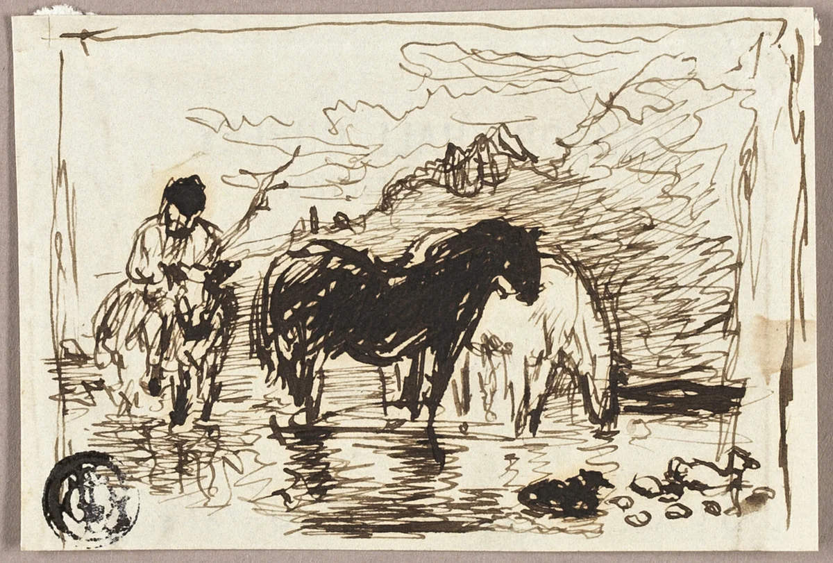 Sketch of Watering Horses by John Burnet, drawing, 1842-1852