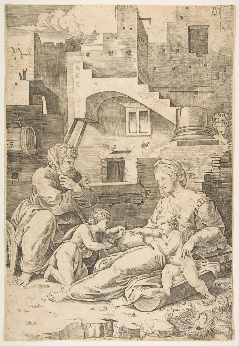 Virgin of the Long Thigh; the Virgin reclining on the ground her left leg outstretched supporting the infant Christ who reaches across to the infant John the Baptist, Joseph seated at left, buildings in the background by Marco Dente, print, 1513-1523