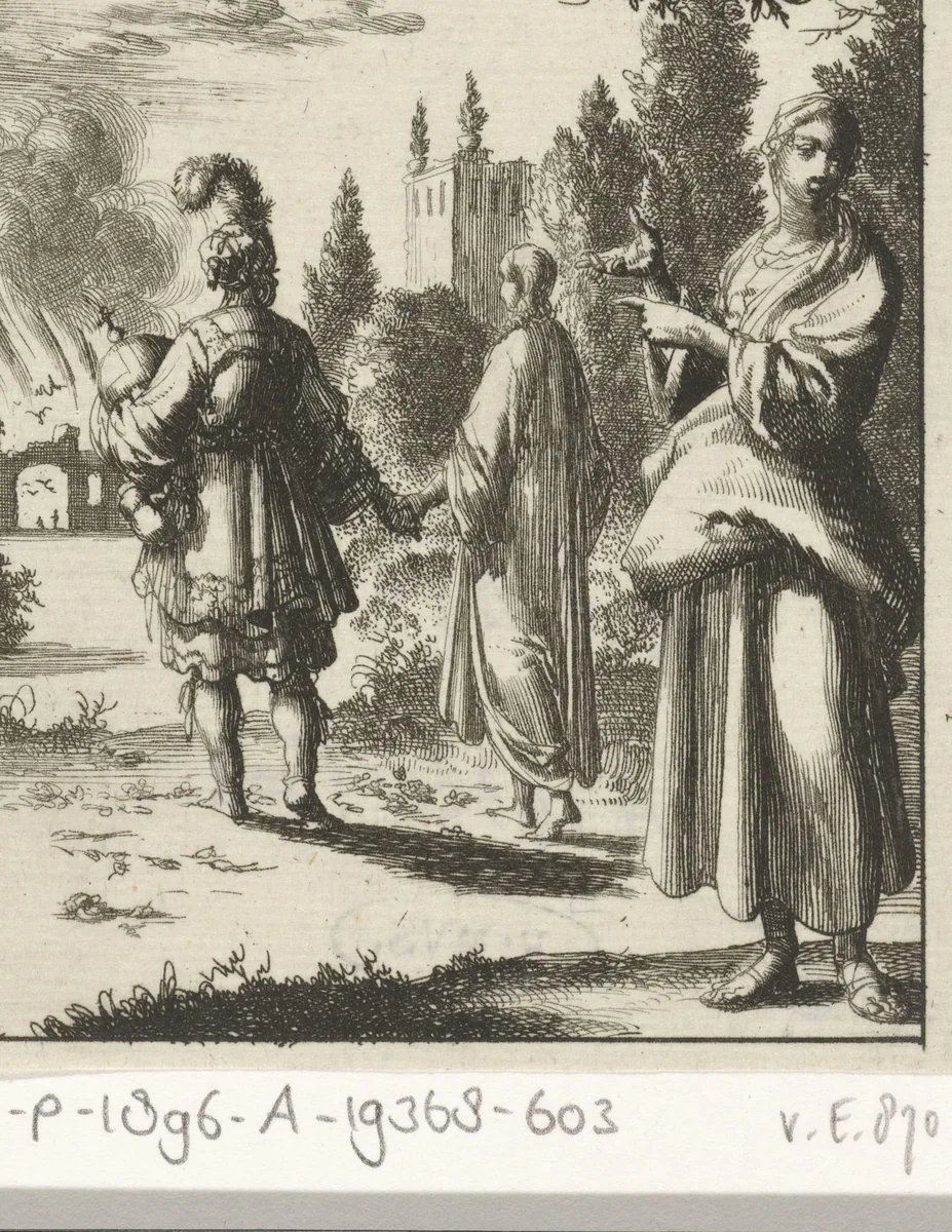 Vrouw wijst naar de Ziel en het Vlees die hand in hand lopen by Jan Luyken, print, 1687