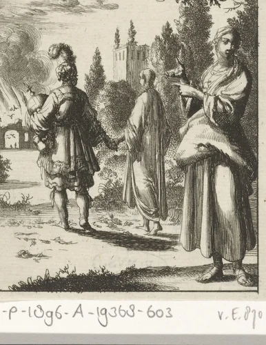 Vrouw wijst naar de Ziel en het Vlees die hand in hand lopen by Jan Luyken, print, 1687