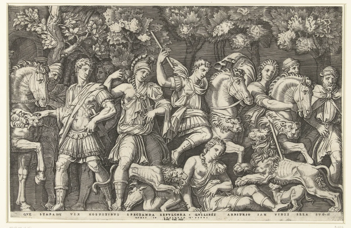 Soldaten weerhouden leeuw van aanval op vrouw by Unknown, print, 1510-1527