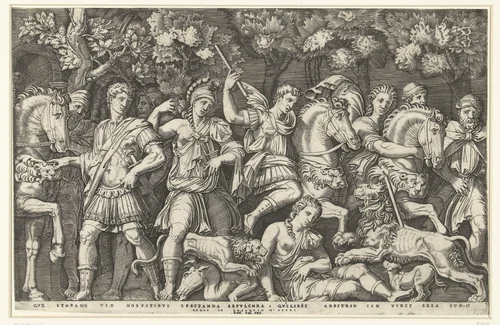 Soldaten weerhouden leeuw van aanval op vrouw by Unknown, print, 1510-1527
