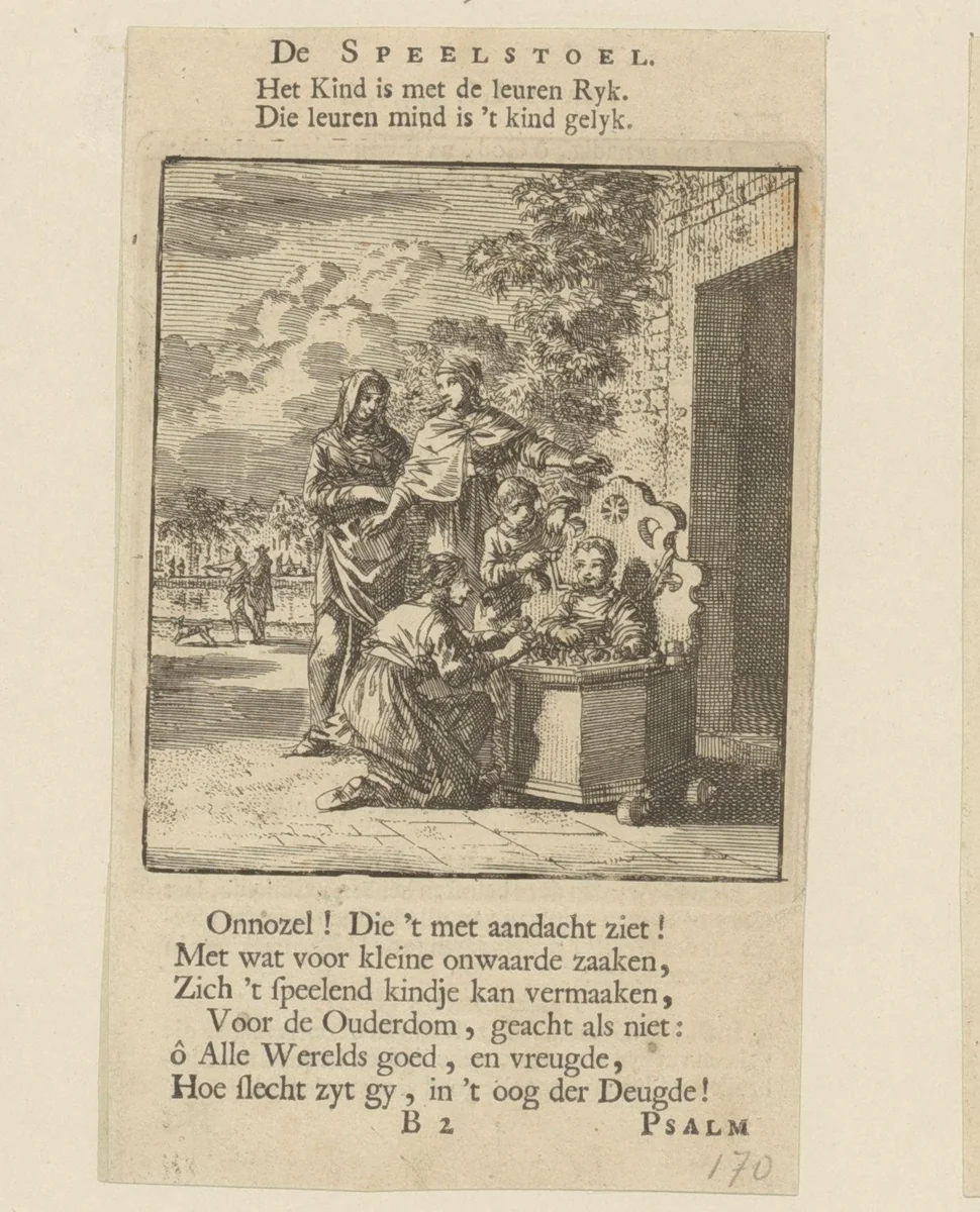 Kind in een speelstoel, omringd door drie vrouwen by Jan Luyken, print, 1712