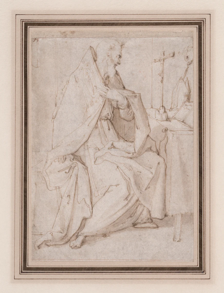 (recto) Seated Bishop Saint Praying Before a Crucifix; (verso) the cropped figure of a youth seen in frontal view (somewhat damaged). by anonymous, drawing, 1570-1620