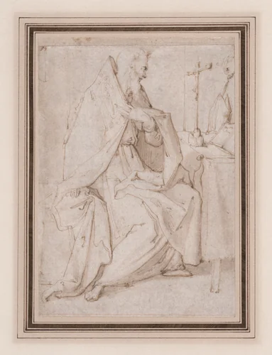 (recto) Seated Bishop Saint Praying Before a Crucifix; (verso) the cropped figure of a youth seen in frontal view (somewhat damaged). by anonymous, drawing, 1570-1620