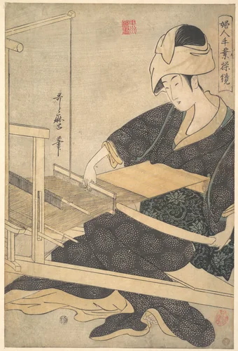 A Woman Weaving, Seated at a Hand Loom by Kitagawa Utamaro (喜多川歌麿), print, 1786-1806