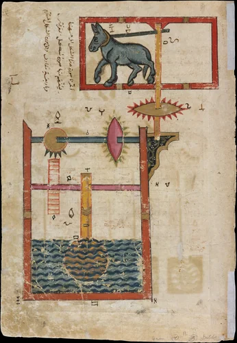 "Design on Each Side for Waterwheel Worked by Donkey Power", Folio from a Book of the Knowledge of Ingenious Mechanical Devices by al-Jazari by Badi' al-Zaman ibn al-Razzaz al-Jazari, manuscript, 1290-1340