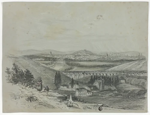 Panoramic View of a Railroad Bridge and City by Unknown Artist, drawing, 1800-1899