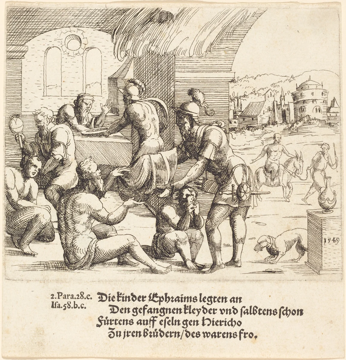 The Men of Ephraim Care for their Captives and Return Them to Jerico by Augustin Hirschvogel, print, 1549