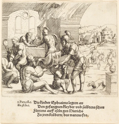 The Men of Ephraim Care for their Captives and Return Them to Jerico by Augustin Hirschvogel, print, 1549