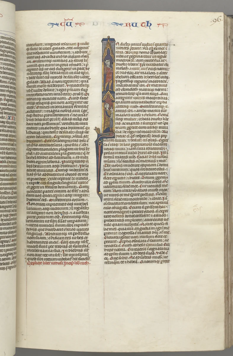 Fol. 96r, Ruth, Historiated Initial I with Elimilech and Naomi. by Unknown, book, 1270-1300