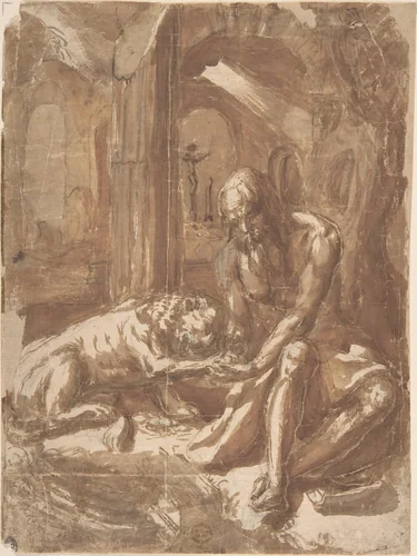 Saint Jerome and the Lion by anonymous, drawing, 1600-1700