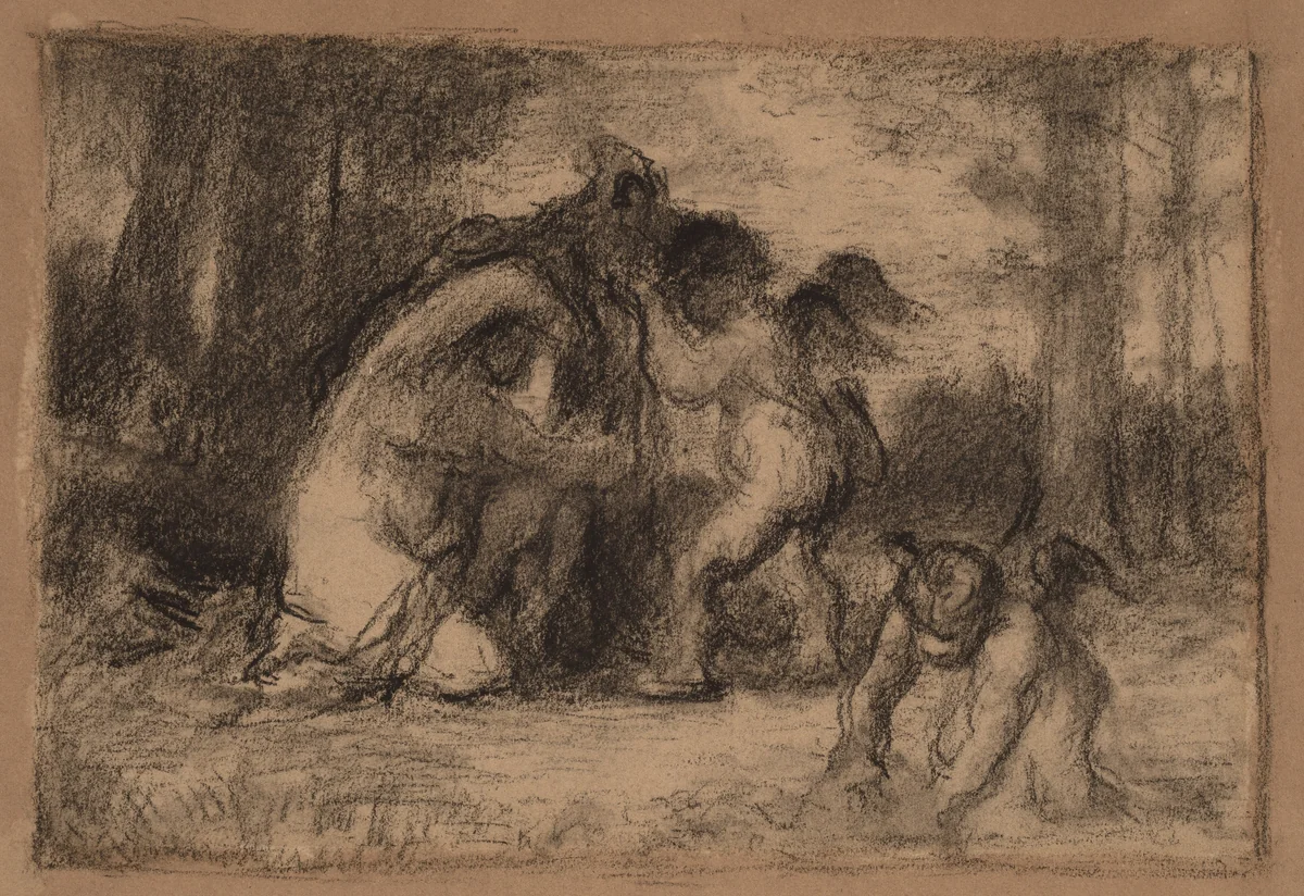 Wooded Landscape with Putti Helping a Woman Undress by William Perkins Babcock, drawing, 1826-1899