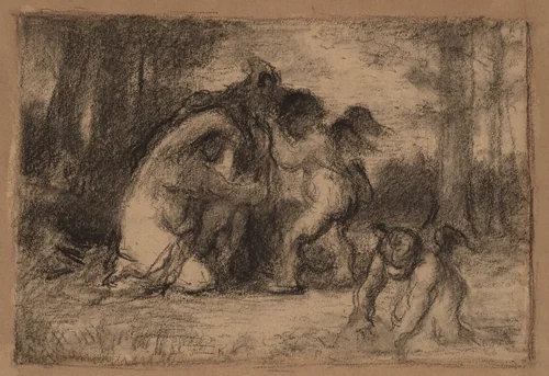 Wooded Landscape with Putti Helping a Woman Undress by William Perkins Babcock, drawing, 1826-1899