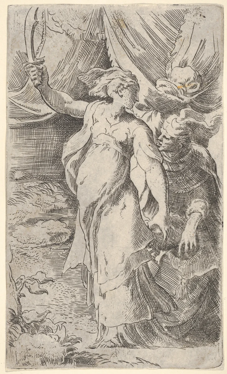 Judith with the head of Holofernes, which she places into a sack held by the figure behind her, she bears a sword in her outstretched right arm by Parmigianino, print, 1520-1540