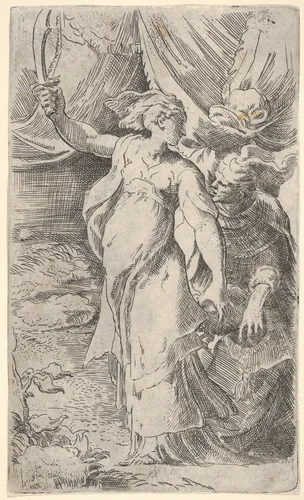 Judith with the head of Holofernes, which she places into a sack held by the figure behind her, she bears a sword in her outstretched right arm by Parmigianino, print, 1520-1540