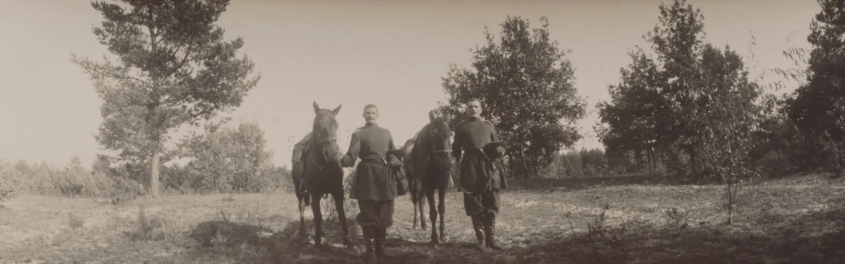 Two Stable Attendants with Hats in Hand Holding Horses, Oldenburg Estate, Ramon by Unidentified Photographer, photograph, 1904