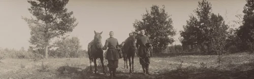 Two Stable Attendants with Hats in Hand Holding Horses, Oldenburg Estate, Ramon by Unidentified Photographer, photograph, 1904