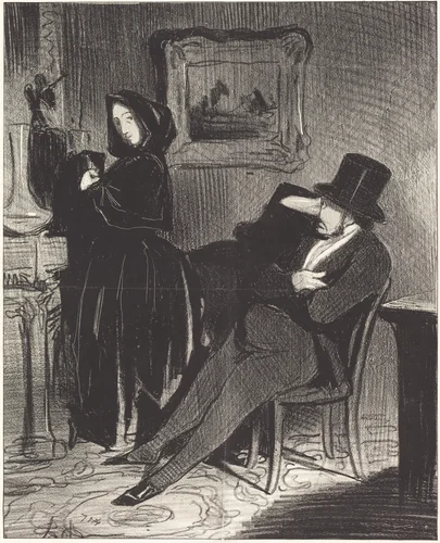 Plus souvent que je te conduirai... au bal... by Honoré Daumier, print, 1845