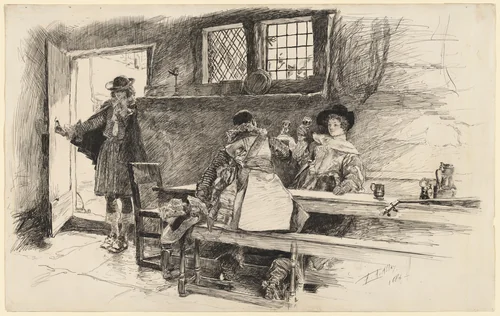 "Will had her to the wine," illustration to "Phillada Flouts Me" by Edwin Austin Abbey, drawing, 1886