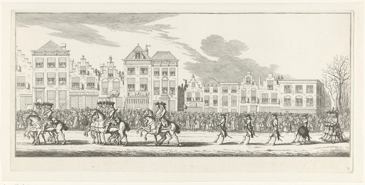 Soldaten te paard en de Zwitserse Garde in de lijkstoet van Anna van Hannover te Delft, 1759 by Simon Fokke, print, 1759-1761