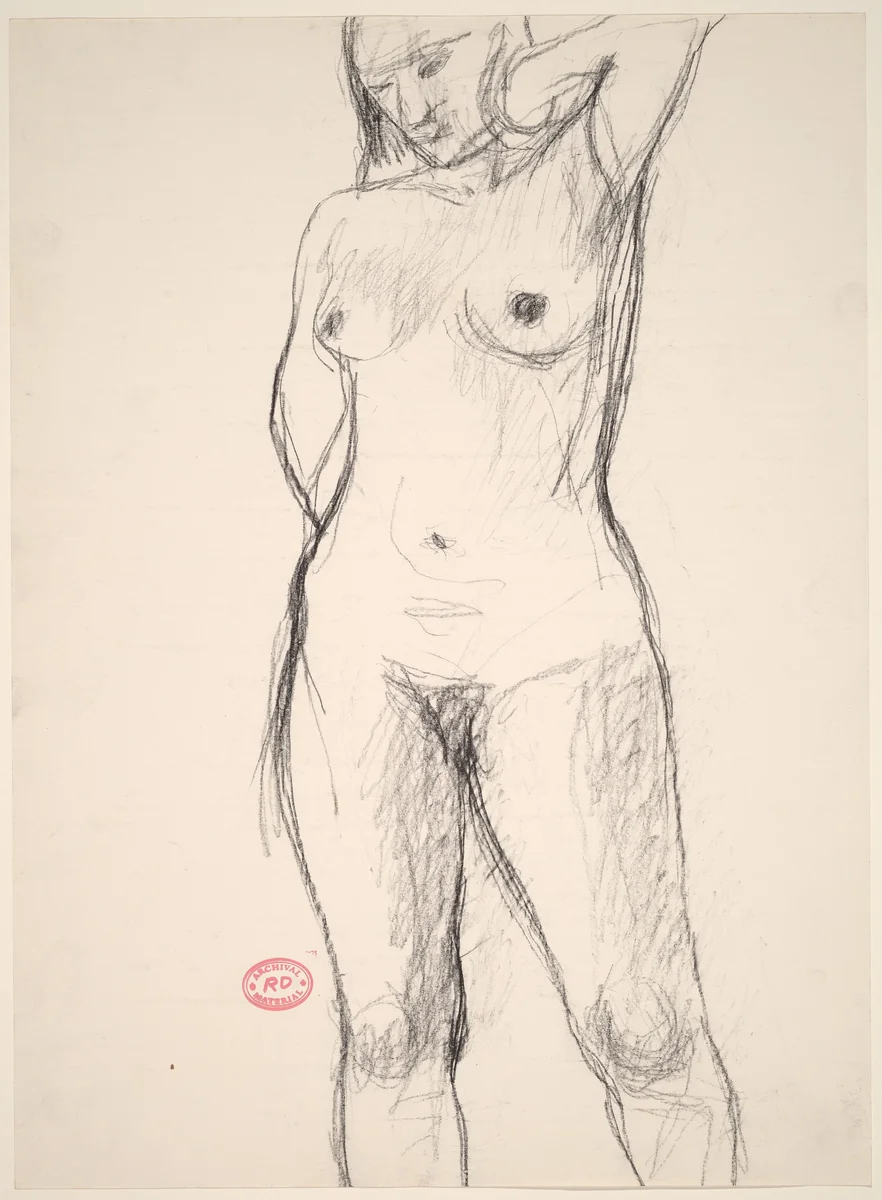 Untitled [standing nude with her left elbow raised] by Richard Diebenkorn, drawing, 1955-1967